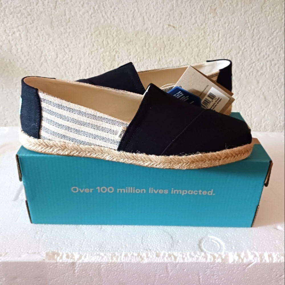 Toms Black Canvas Espadrille Flats with Stripe Accent